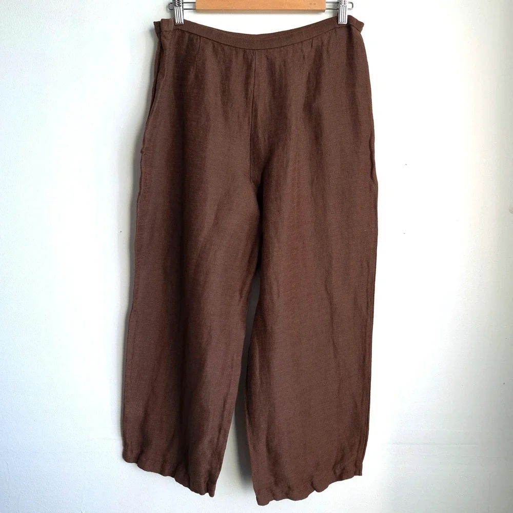 Eileen Fisher Wide Leg Pants Brown L Minimalist Quiet Luxury 100% Linen Trousers - Picture 2 of 9